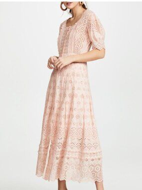 LOVESHACKFANCY Helena Eyelet Midi Cotton Floral Dress In Pink Parfait, Size 6